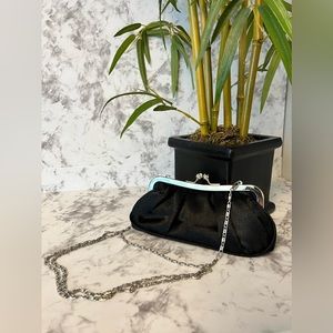 Beautiful Satin Clutch with Faux Diamond Kiss Lock Clasp and Metal Chain Strap